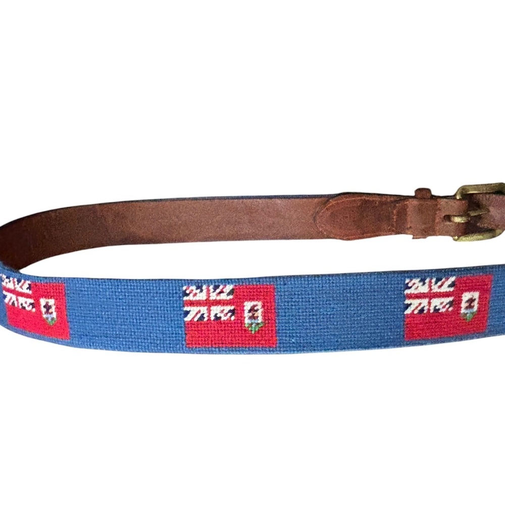 Smathers & Branson Needlepoint Bermuda Flag Belt mens 32 leather solid brass